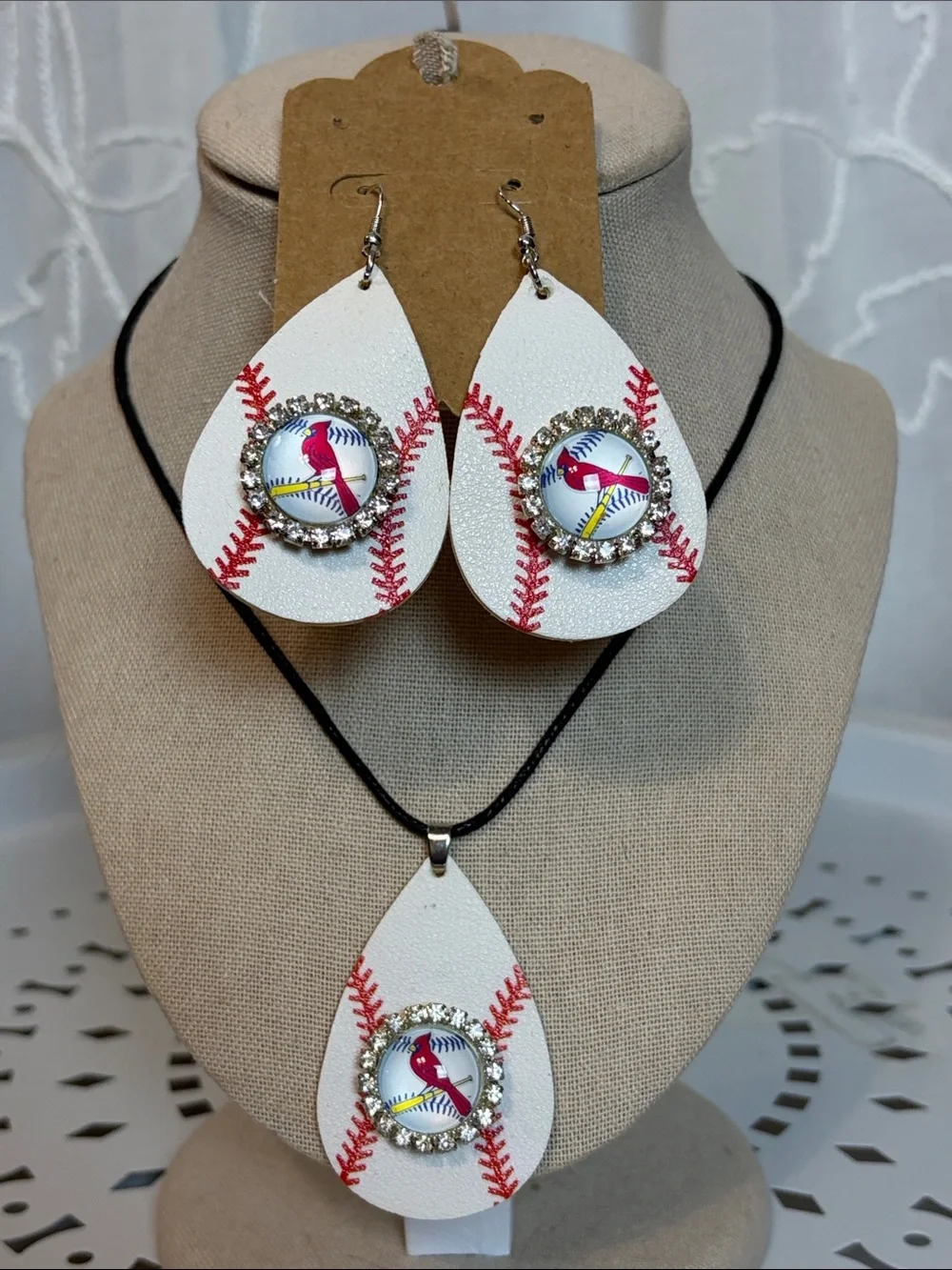 Baseball Stitch Teardrop Earrings & Pendant Set -snap charms  St Louis Cardinals